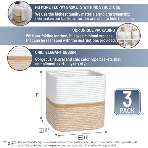 NaturalCozy Storage Cubes 11 Inch Cotton Rope Woven Baskets for Organizing, 3-Pack | Cube Storage Bin | Square Storage Baskets for Shelves Organizer, Classroom, Kids Toy Bins, Closet, Baby Nursery - color: Off White & Tan Brown & Mixed Tan Brown