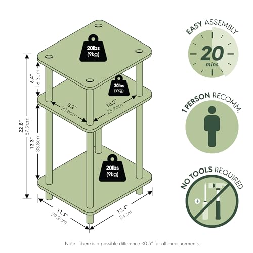 Furinno JUST Side Table, 3-Tier End Table, Open Shelves Night Stand, Bedside Table, Toolless Assembly, for Living Room, Bedroom, Bathroom, Sage Green - color: Sage Green/Black, size: 3-Tier, Round Pole, style: 1-Pack