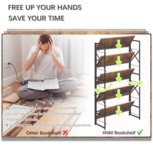 4NM Extra Wide 5 Tiers No Assembly Book Shelves, 51.2" H Folding Bookshelf Bookcase Open Industrial Foldable Shelves for Bedroom, Living Room, Home Office - Rustic Brown Black - color: Rustic Brown Black, size: Wide XX 5-Tier