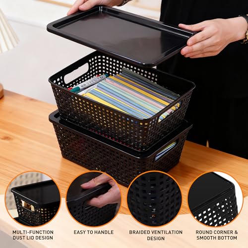 Plastic Storage Baskets With Lid, Storage Bins for Organizing, Stackable Decorative Containers for Shelves Drawers Desktop Closet Playroom Classroom Office, 6 Pack-Black - color: Black, size: 6 Pack