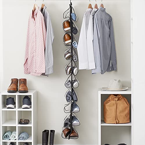 Household Essentials 20-Pocket Closet Shoe File, Durable Polyester Linen Plastic, Holds 10 Pairs of Shoes, Individual Storage, Single Hook System, Black - color: Black