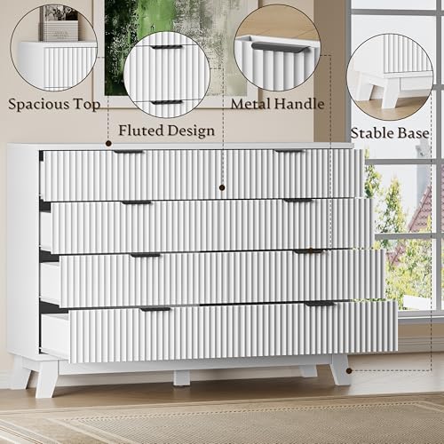 BORNOON 53" Tall Dresser for Bedroom, 8-Drawer Fluted Chest of Drawers, Modern Wood Highboy with Metal Slides and Handles, Anti-Tip Kit, Vertical Clothes Storage Organizer for Apartment, Closet - color: Pure White, size: XL 8-Drawer