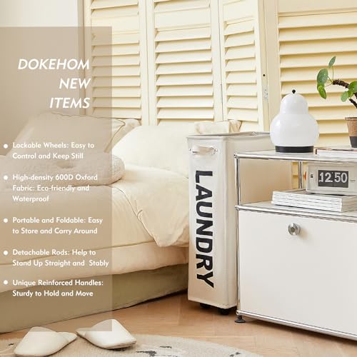DOKEHOM 25-Inches Slim Laundry Basket on Wheels, Collapsible Rolling Laundry Hamper, Foldable Narrow Corner Clothes Storage Bins (Beige) - color: Beige/M, size: Slim Plus 25"