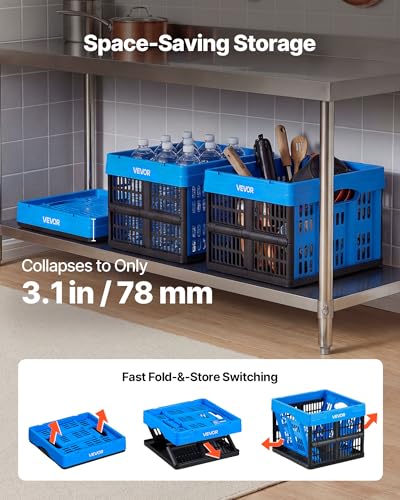 VEVOR Plastic Collapsible Storage Bins, 25L 3 Packs, Stackable Folding Storage Crates with Handles, Holds 22 lbs Per Bin, Foldable Heavy Duty Containers, Space-Saving Baskets, for Home Organizing - size: 25L-Blue-3PC