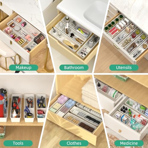 Desk Drawer Organizer Tray, 4 Pack Expandable Drawer Organizer with Dividers Adjustable, Bathroom Organizer Bins for Junk, Office, Makeup, Kitchen Utensil - style: Expandable