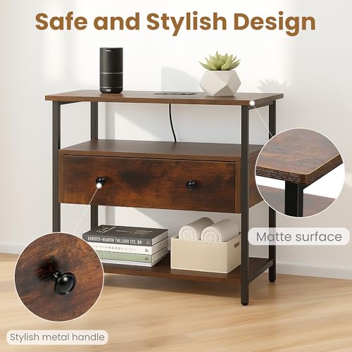 Edbuosy 27 Inch Wide Night Stand with Charging Station, Wood Nightstand with Open Shelf, Large Drawer Bedside Table for Living Room/Bedroom/Office (Retro Brown) - color: Retro Brown, size: 1 Drawer