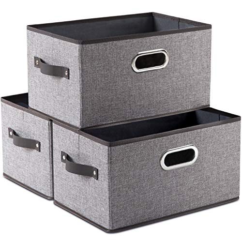 PRANDOM Large Foldable Storage Bins for Shelves [3-pack] Decorative Linen Fabric Storage Baskets Cubes with Leather/Metal Handles for Closet Nursery Office Grey and Black Trim (14.9x9.8x8.3 Inch) - color: Grey&black Trim, size: Large(3-Pack)