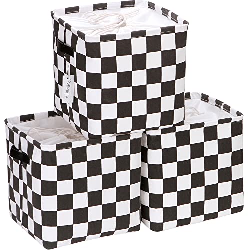 Hinwo 3-Pack Cubic Organizer Shelf Bins, Canvas Fabric Storage Baskets with Handles, 22L/5.8-Gal Square Storage Bins, Cubes, Collapsible Storage Box, 11 x 11 x 11 Inches (S, Black Checkerboard) - color: Black Checkerboard, size: S/11 x 11 x 11"/3-Pack
