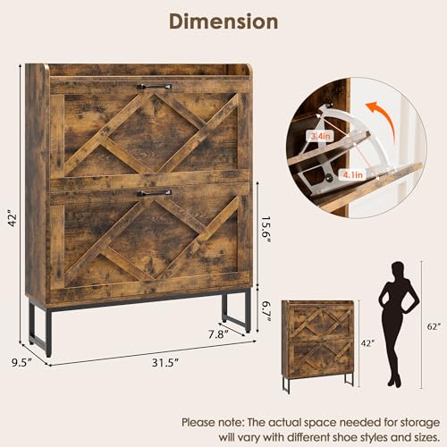 Nicetree Shoe Cabinet Organizer with 2 Flip Drawers, Freestanding Narrow Rack with Metal Legs, Farmhouse Slim Shoe Storage for Entryway, Foyer, Hallway, Rustic Brown - color: Rustic Brown, style: 2-Drawers