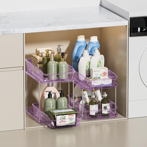 Delamu 2-Tier Under Sink Organizers and Storage, Multi-Purpose Stackable Bathroom Cabinet organizers, Pull Out Kitchen Pantry Organization and Storage with Dividers(2 Pack, Purple) - color: Purple, size: 2 Pack