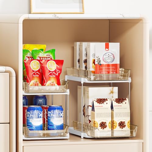 Delamu 2-Tier Multi-Purpose Bathroom Under Sink Organizers and Storage, Stackable Kitchen Pantry Organization, Pull Out Medicine Cabinet Organizer with Movable Dividers, Amber, 4 Pack - color: Amber, size: 4 Pack