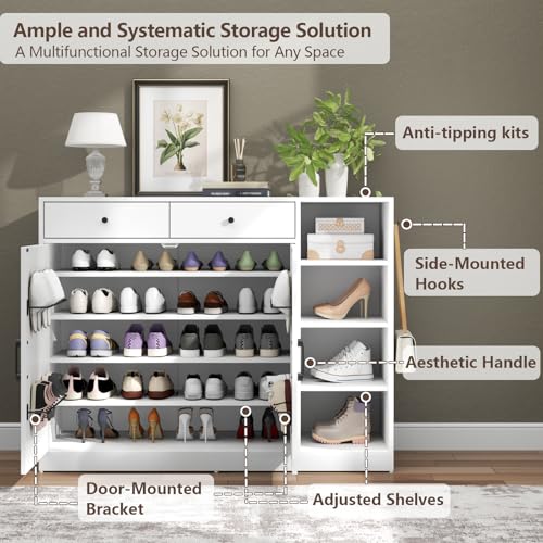 Loomie 5-Tier Shoe Cabinet with 4 Side Cubbies, Farmhouse Shoe Rack Cabinet with 6 Adjustable Shelves & 2 Drawers, Freestanding Shoe Storage Cabinet with 4 Brackets & 2 Hooks for Entryway (White) - color: White