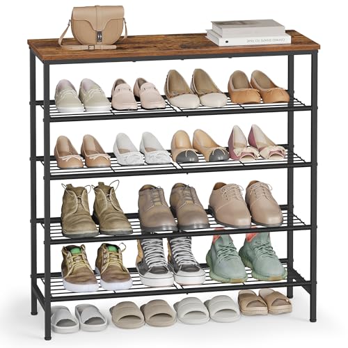 VASAGLE Shoe Rack, Shoe Storage Rack for Closet, Entryway, Living Room, Free Standing Metal Organizer Shelf, 5 Tiers, 11.8 x 29.5 x 34.3 Inches, for 18–24 Pairs, Rustic Brown and Ink Black ULBS050KD01 - size: 5 Tiers (29.5"W)