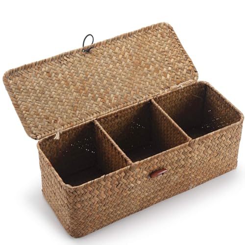 Seagrass Storage Basket for Bathroom - Wicker Toilet Tank Basket with Lid - Woven Narrow Organizer (16.5" x 5.5" x 5.5") - color: Natural, size: 16.5" x 5.5" x 5.5"
