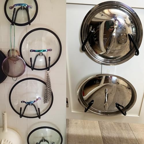 2 Pack Pot Lid Organizer Rack, Black Pot Lids Holder for Cabinet Door/Wall, No Drilling Adhesive Wall/Door Mounted Rustproof Pot and Pan Cover for Kitchen Storage, Pot lid no falls off.