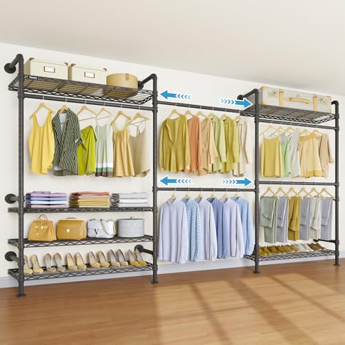 Timate F3 Plus Wall Mounted Clothes Rack Industrial Pipe Clothing Rack for Hanging Clothes, Heavy Duty Clothes Rack with Shelves, Expandable Garment Rack Wall Closet System, Black Pipe Closet Kit - color: Black, size: F3 Plus