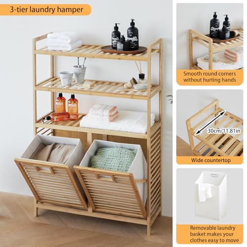 Baveke Double Tilt Out Laundry Hamper, Bamboo Hamper with 2 Removable Bags, Pull Out Laundry Hamper Cabinet, Bathroom Storage Shelf for Laundry Room, Living Room, 3-Tier(FSC-Certified Bamboo) - color: Natural, size: YSJ02-3T