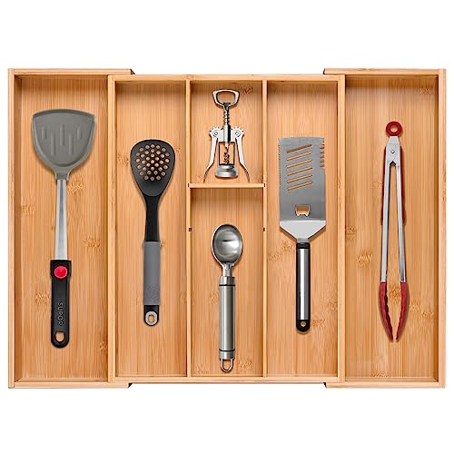 guiogc Bamboo Silverware Organizer, Expandable Kitchen Drawer Organizer and Utensil Organizer, Cutlery Tray with Drawer Dividers for Kitchen Utensils and Flatware, Bedroom, Living Room (Natural) - size: Two-sided pull