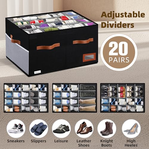 Supowin Shoe Organizer for Closet, Foldable Shoe Storage Bins with Lid & Adjustable Dividers, Fabric Shoe Box Storage Containers with Four Reinforced Handles, Fits 20 Pairs, 1 Pack, Black - color: Black, size: 26"L x 17"W x 13"H