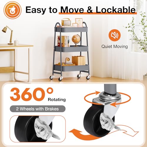 NEWBULIG 3-Tier Rolling Utility Cart with Locking Wheels, Slim Metal Mobile Storage Organizer Shelf for Small Spaces, Bathroom, Living Room, Grey - color: Gray, size: 3-Tiers