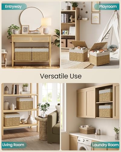 SONGMICS Storage Basket with Lid, Woven Blanket Storage Bin with Handles, Foldable, Removable Liner, Metal Frame, for Bedroom, Laundry Room, 9.2 Gallons (35 L), Natural URST040YE01 - color: Natural, size: 35 L