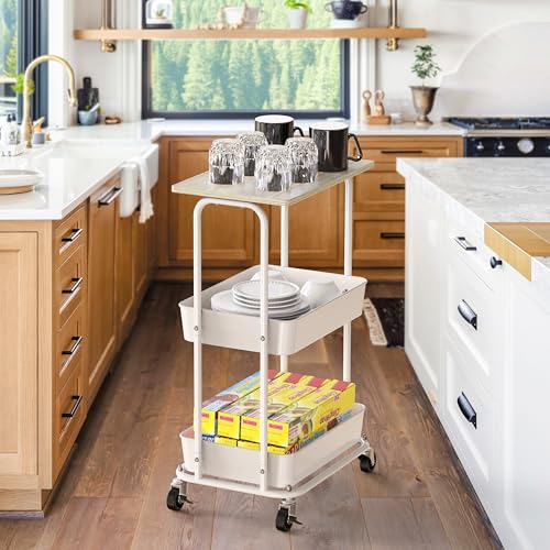 Simple Houseware 2-Tier Rolling Utility Cart with Lockable Wheels and Wood Top, Metal Storage Organizer Trolley for Kitchen, Bathroom, Office, Craft Room, Maple - color: Maple