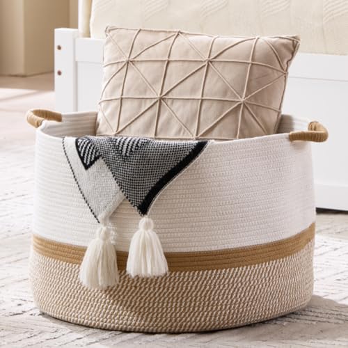 Luxury Little Extra Large Nursery Storage Basket, 20 x 20 x 13.8 inches - 100% Cotton Rope Baskets with Handles, Blanket Basket for Toys, Blankets & Pillows (Gradient Brown) - color: Gradient Brown