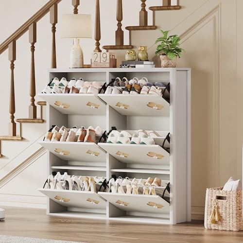 GarveeHome Shoe Storage Cabinet with 6 Flip Drawers, Narrow Wood Shoe Organizer Cabinet with Floral Pattern, Freestanding Slim Shoe Rack Cabinet with Adjustable Shelves, for Entryway, Hallway, White - color: Antique White, size: 6-Drawers