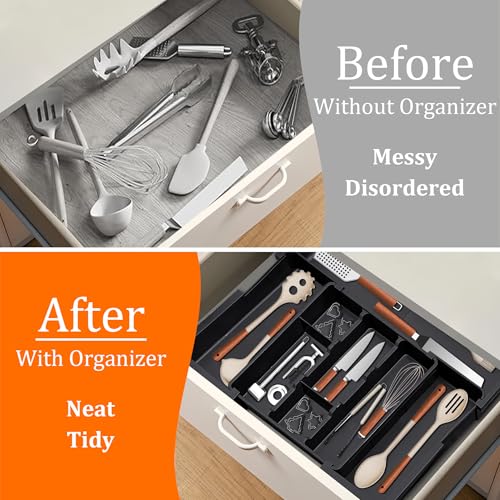 Spaclear Large Utensil Drawer Organizer Expandable Silverware Organizer for Kitchen Drawer Adjustable Cooking Utensil Holder Cutlery Flatware Tray Spatula Tools Gadgets Storage Dividers Plastic Black - color: Black