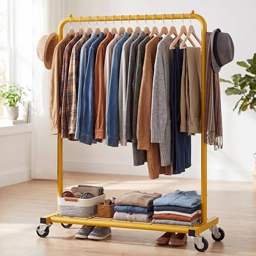 Sywhitta Clothing Rack on wheels, Clothes Rack with Bottom Mesh Storage Shelf,Sturdy Metal Frame,for Hanging Clothes,Coats,Skirts,39.76 "W x 16.06" D x 63.78" H,Gold Yellow - color: Gold Yellow