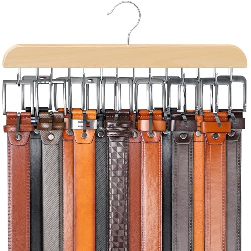 Belt Hanger for Closet Max 42 Belts, Sturdy Wood Belts Rack Closet Accessories with 14 Hooks Belt Organizer for Men Organizers and Storage -Wood 1 Pack - color: Wood, size: 1 Pack