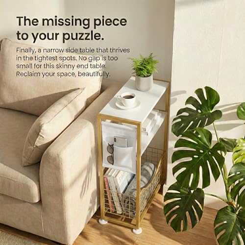 Skinny Side Table with Storage, 3 Tier Slim Side Tables for Small Spaces, Skinny End Table Narrow Bedside Table Narrow Side Table for Living Room, Bedroom - color: White Gold