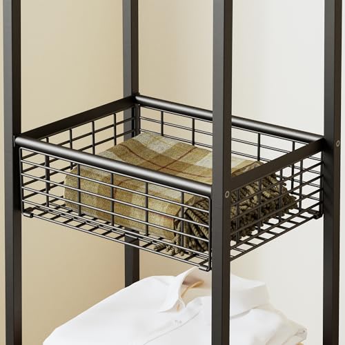 Coat Rack Freestanding, Coat Stand with Metal Basket and Storage Shelves, Hall Tree Free Standing With and 7 Hooks, Clothes Rack Stand Organizer, Rustic Brown and Black - color: Rustic Brown and Black, style: 2 Shelves + 1 Basket
