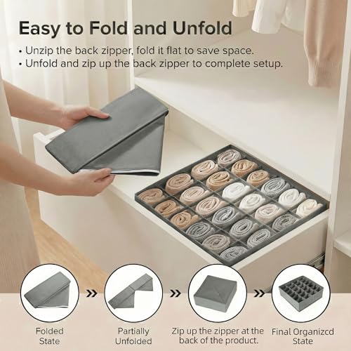 Gray 24 Grid 3 Pack Foldable Underwear Sock Storage Organizer, Non-Woven Fabric Closet Drawer Divider Bins for Socks, Ties, Baby Clothes, Dresser & Wardrobe Organization Boxes (Grey 3 Pack) - color: Gray 3 Pack