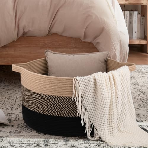 OIAHOMY 90L Blanket Basket for Living Room, Large Basket 23" x 23" x 13" with Handle, Laundry Hamper for Blankets, Pillows, Toy Storage for Kids, Dogs - Yellow and Black - color: Yellow and Black, size: 23" x 23" x 13"