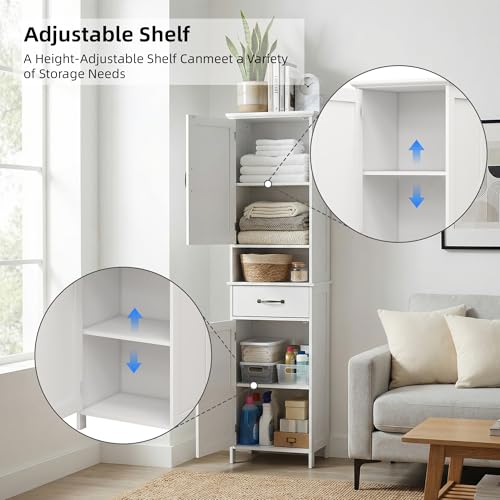 Casaphoria Tall Bathroom Storage Cabinet, 65" H Narrow Floor Cabinet with 2 Barn Doors and 1 Drawer, Freestanding Linen Tower with Adjustable Shelves, Anti-Tipping, White - size: 15.74"L×11.8"W×64.96"H