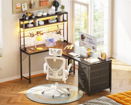 AODK L Shaped Desk Gaming Desk with LED Light & Power Outlet, 59 Inch Reversible L Shaped Computer Table with 4 Drawers for Home Office, Black - color: Black, size: 59 inch