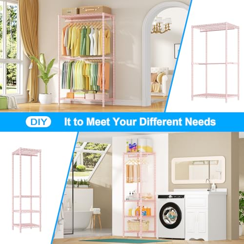 Ulif E10 Clothes Rack（With Stretchable Hanger Rod）Freestanding Clothing Racks for Hanging Clothes，Adjustable Closet Organizer System，Portable Garment Rack 73-97"W x 15" D x 72" H，Max Load 800LBS，Pink - color: Pink