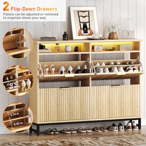 Fluted Shoe Storage Cabinet with 4 Flip Drawers, 47.24" Narrow Shoe Organizer Cabinet with LED Light, Slim Freestanding Shoe Rack Cabinet, Wooden Hidden Shoe Cabinet for Entryway, Hallway(Natural Oak)