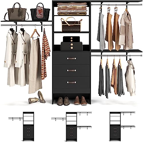 Armocity 96 Inches Closet System, 8FT Walk In Closet Organizer with 3 Shelving Towers, Heavy Duty Clothes Rack with 3 Drawers, Built-In Garment Rack, 96" L x 16" W x 75" H, Max Load 1000 LBS, Black - color: Black