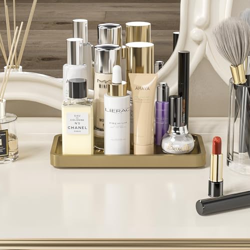 Weenson Gold Bathroom Vanity Tray for Countertop Makeup Perfume Jewelry Decor Candle Keys, Bamboo Kitchen Tray for Soap Dispenser Spice, Small Toilet Tray Nightstand 7.9" L x 4" W x 0.79" H - color: Gold, size: 7.9" x 4" x 0.8"
