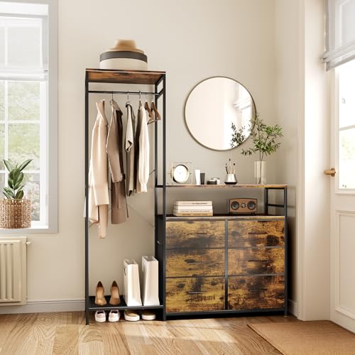Heavy Duty Garment Rack with Fabric Drawers and LED Light, Freestanding Portable Closet Wardrobe Systems with Shelves for Bedroom, Entryway, Apartment - color: Chestnut
