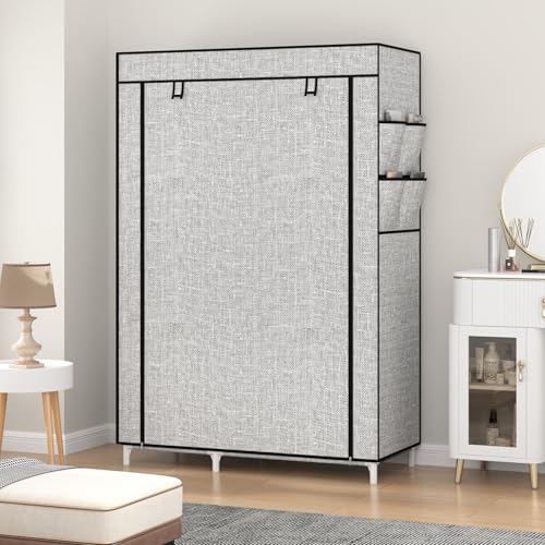 Calmootey Portable Closet Organizers, Clothing Storage, Wardrobe with 6 Shelves and Hanging Rod, Non-Woven Fabric Cover with 4 Side Pockets, Ash Grey - color: Ash Grey