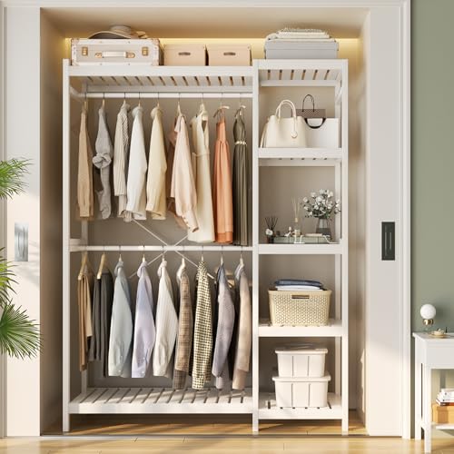Homykic Bamboo Closet System, Heavy Duty Clothing Rack for Hanging Clothes, Freestanding Clothes Rack with 7 Adjustable Shelves & 2 Rods, 4 Hooks, Open Wardrobe Organizer Garment Rack, Pure White - color: Pure White, size: 1-Pack