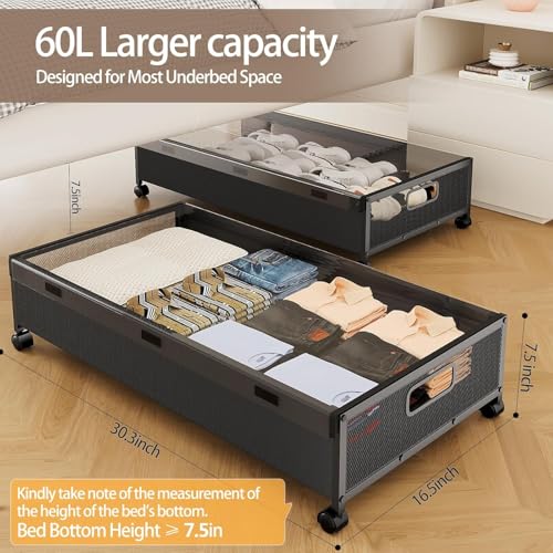 KITHELP Under Bed Storage Containers with Wheels, Underbed Shoe Storage Organizer with Removable Lids, Large Rolling Under Bed Storage Dresser Drawers for Clothes Toys Shoes Blankets - color: Black-1pack
