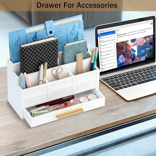 dreampossible white Wood Desk Organizer and Accessories with Drawer, Bill Mail Organizer and File Mail Holder for Office Supplies, Rustic Desk Accessories & Workspace Organizers for Desk Organization - color: White B