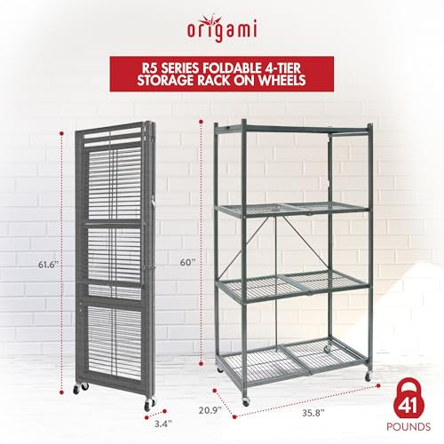 Origami R5 4-Shelf Heavy-Duty Folding Storage Rack, Pewter - Large Foldable Metal Shelving Unit with Wheels for Garage, Pantry, Basement, Laundry Room or Warehouse - color: Pewter, size: 1-Pack