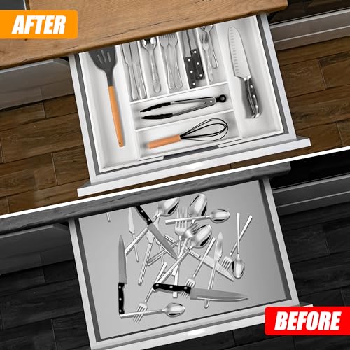Bellsal Large Premium Bamboo Silverware Organizer - Expandable Utensil Drawer Organizer - 17"x19.6" Utensil Holder and Cutlery Tray with Grooved for Kitchen Flatware and Utensils(7-9 Slot, White) - color: White, size: 9 Slots Expandable