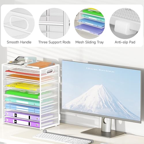Cawukege 9 Tier Paper Organizer with Handle, White Large Capacity Desk Organizer Mesh File Folder Letter Paper Tray Desktop Document Sorter for Classroom, School, and Office Accessories Organization - color: 1 Pack - White