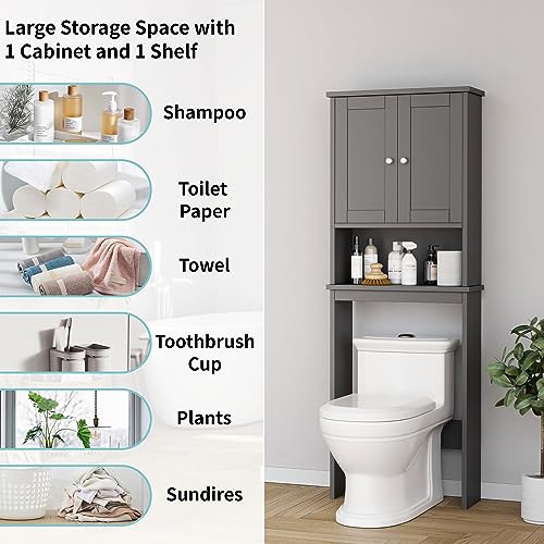 Shintenchi Over the Toilet Storage Cabinet, Bathroom Shelf Organizer with Anti-Tip Device Small Freestanding Space Saver with Adjustable Shelf, Gray - color: Grey, size: Wood Door